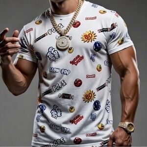 Lot29‎ Mens Candy All Over Print T-Shirt White Y2K Blow Pop Tootsie Roll Large